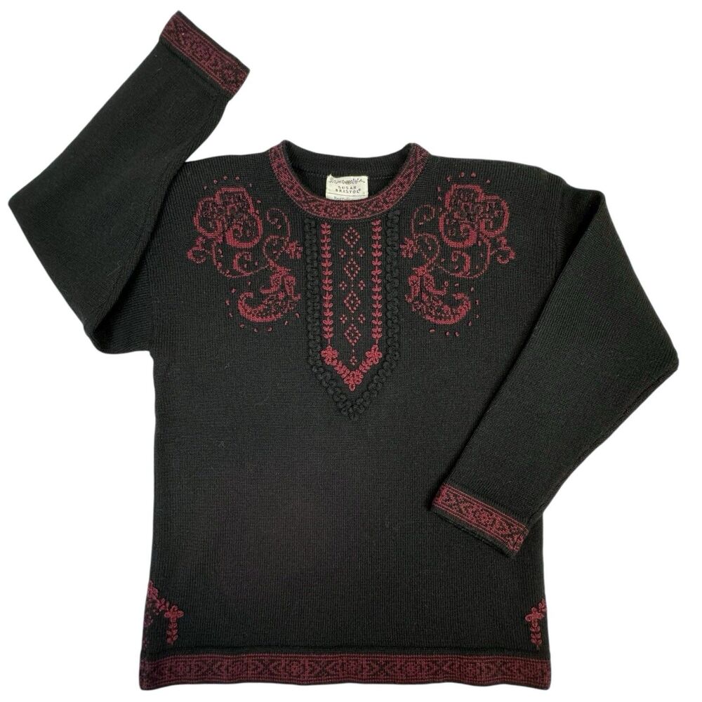 Vintage Susan Bristol Hand Embroidered Sweater Womens Med/EU 38 Black Red Wool - Picture 9 of 14